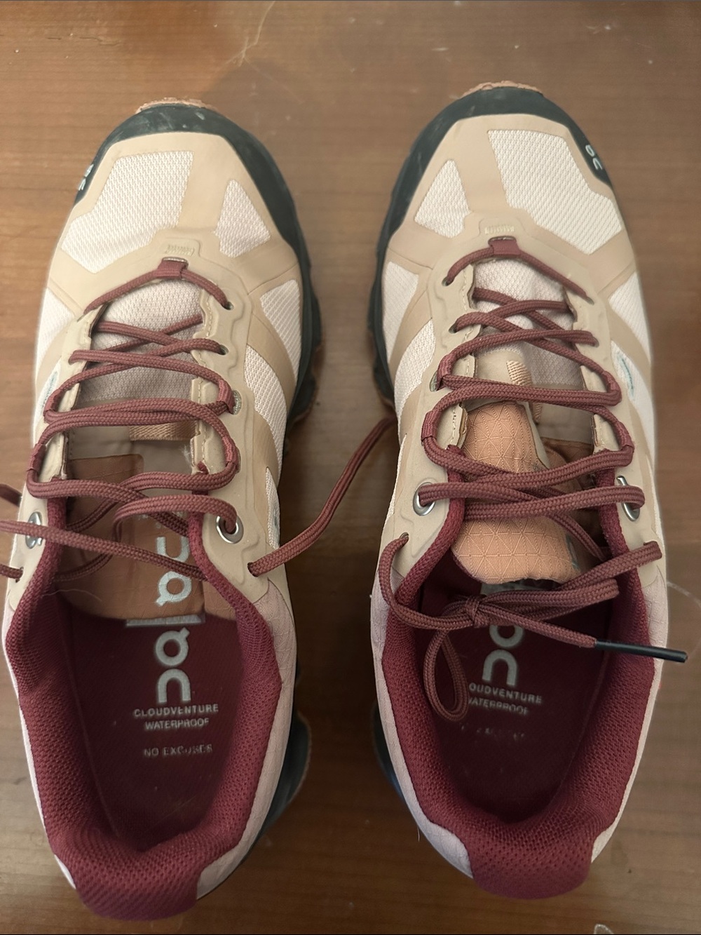 On Cloudventure Trail Shoes in Beige and Burgundy